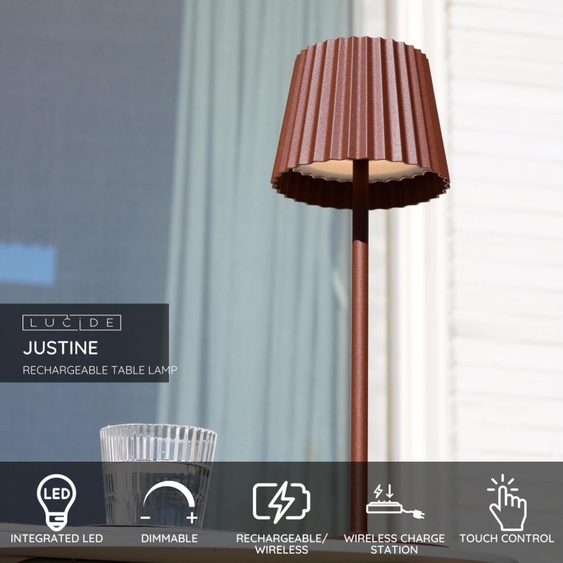 Lucide JUSTINE - Nabíjacia stolová lampa Vonkajšia - Batéria - LED Rozm. - 1x2W 2700K - IP54 - S bezdrôtovou nabíjacou podložkou - Rust Brown